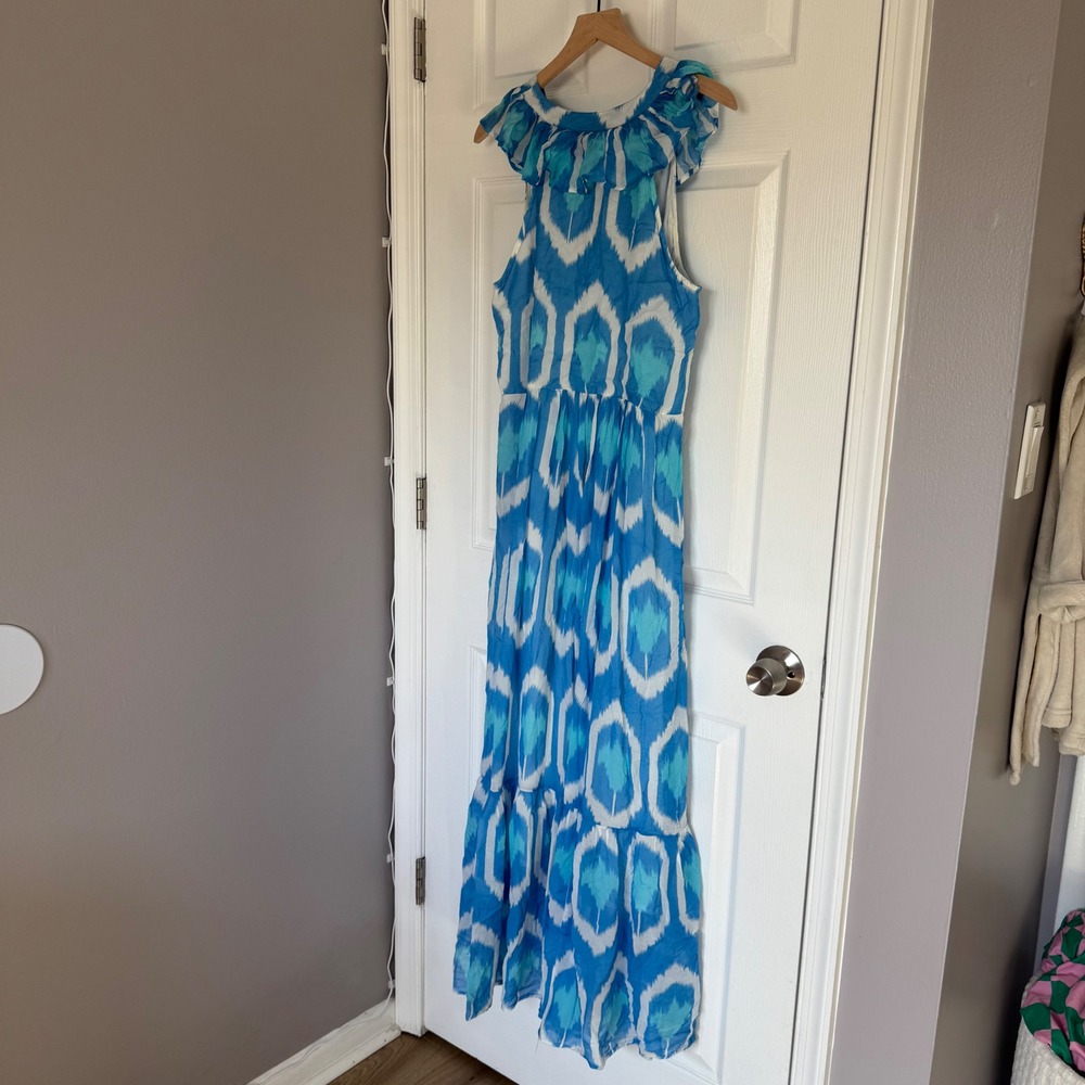 OLIPHANT  Blue White Ruffle V-Neck Maxi Dress Sleeveless Tiered Cotton M - Picture 8 of 8